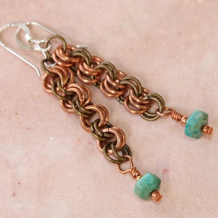 METAL MAGIC - Chain Maille Copper Brass Turquoise Handmade Earrings