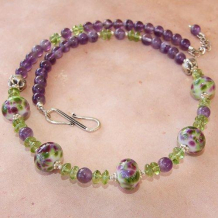 WISTERIA IN THE SPRING - Lampwork Purple Amethyst Green Peridot Handmade Necklace