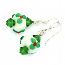 CHEERFUL CHRISTMAS - Christmas Holly Lampwork Earrings, Handmade Swarovski Red Green Jewelry