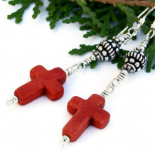 ETERNAL - Handmade Cross Earrings, Magnesite Red Sterling Jewelry