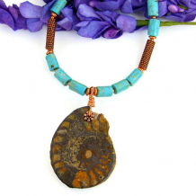 MELODY OF THE ANCIENTS - Ammonite Fossil Pendant Necklace, Handmade Turquoise Magnesite Copper