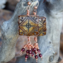 DIAMONDS AND CROSSES - Carved Bone Handmade Earrings, Diamond Cross Garnet Ethnic Jewelry
