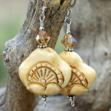 FANCY THAT! - Hand Carved Bone Earrings Handmade Jewelry Swarovski Sunrise