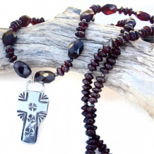 SOUTHWEST FAITH - Southwest Cross Garnet Handmade Necklace, Sterling Gemstone 