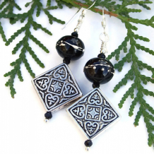 MIDNIGHT MYSTERY - Diamond Cross Pewter Lampwork Earrings, Handmade Black Beaded Jewelry