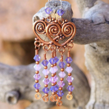 PURPLE MEDLEY - Copper Spiral Heart Earrings, Purple Orchid Swarovski Handmade Jewelry