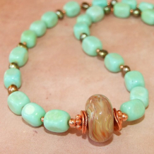 PRIMAVERA SPICE - Lampwork Boro Bead Necklace, Handmade Aqua Turquoise Pearl Jewelry