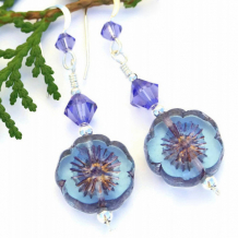 PRETTY PANSY - Blue Purple Flower Pansy Czech Earrings, Handmade Swarovski Spring  