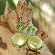 LIME DROPS - Lime Green Coin Pearls Swarovski Handmade Earrings