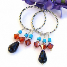 GYPSY DANCE - Black Onyx Turquoise Boho Earrings, Handmade Pewter Hoop Swarovski