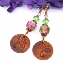DRAGONFLY DANCE - Dragonfly Handmade Earrings, Lampwork Swarovski Pink Green Jewelry OOAK