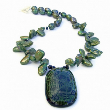 GEEK CHIC - Dichroic Glass Pendant Handmade Necklace, Green Pearls Unique Jewelry