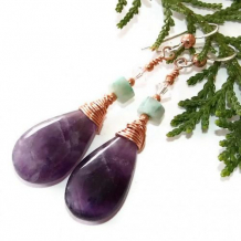 PURPLE PARADE - Amethyst Aquamarine Copper Handmade Earrings, Beaded Gemstone Jewelry