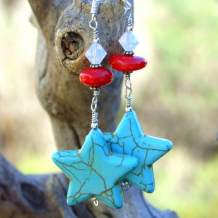 AMOR PATRIAE - Turquoise Star Handmade Earrings, Red Coral Swarovski Beaded Jewelry