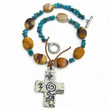 HODEEZYEEL - Southwest Pewter Cross Handmade Necklace, Mookaite Turquoise Jewelry