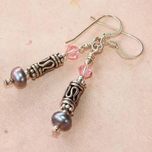 WHALE WALTZ - Gray Pearls Bali Tubes Swarovski Pink Rose Sterling Handmade Earrings