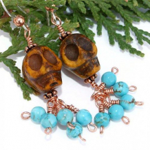 DIA DE LOS MUERTOS - Skulls Carved Bone Turquoise Handmade Earrings, Copper  Jewelry