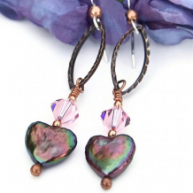 AMOUR - Valentines Heart Peacock Pearl Handmade Earrings Pink Swarovski Beaded