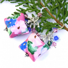 TROPICAL GARDEN PARTY - Pink and Blue Flower Handmade Earrings Polymer Clay Swarovski