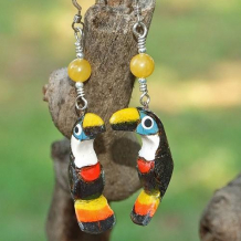 TOUCAN TALK - Balsa Wood Toucan Honey Jade Earrings, Carved Handmade Ecuador