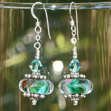 PARROT TALK - Green Pink Blue Boro Lampwork Sterling Handmade Earrings