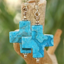 AMAZING GRACE - Crosses Blue Crazy Lace Agate Sterling Handmade Earrings 