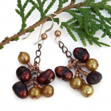 GO BOBCATS! - Maroon Gold Freshwater Pearl Cluster Earrings Handmade 