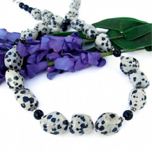SPOTTI - Dalmatian Jasper Handmade Necklace, Black Onyx Gemstone Beaded Jewelry