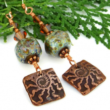 ANCIENT SPIRALS - Copper Spiral Ammonite Lampwork Earrings, Handmade  Swarovski Jewelry