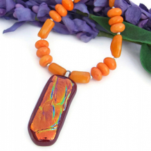 VULCAN'S FORGE - Orange Dichroic Glass Pendant Necklace, Handmade Coral Fire Jewelry