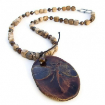 DRAGONFLY DANCE - Dragonfly Rustic Pendant Necklace, Picture Jasper Handmade Beaded