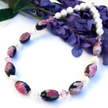 PASSIONATA - Rose Pink and Black Agate Handmade Necklace, Pearls Mothers Day Jewelry 