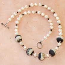 MOON ROCKS AND PEARLS - Matte Lampwork Beads Pearls Black Spinel Handmade Necklace