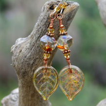 AUTUMN SPLENDOR - Autumn Leaf Handmade Earrings, Czech Glass Amber Unique Beaded Jewelry