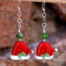 SANTA'S HOLLY HATS - Santa Hats Christmas Lampwork Earrings, Holiday Swarovski Handmade  SANTA'S HOLLY HATS - Santa Hats Christmas Lampwork Earrings, Holiday Swarovski Handmade