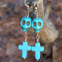 CALVARIAM ET CRUCEM - Halloween Day of the Dead Skull Crosses Handmade Earrings, Turquoise Magnesite