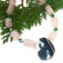 MONET'S MAGIC - Ocean Jasper Rose Quartz Handmade Necklace, Pink Green Summer