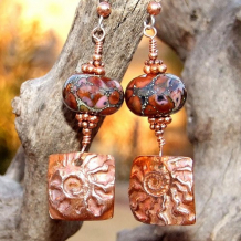 TIME TRAVELER - Copper Ammonite Chocolate Lampwork Earrings, Handmade Beaded Jewelry