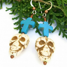 HOLY MOLY! - Skull Crosses Handmade Earrings, Day of the Dead Magnesite Unique
