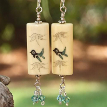 SWEETLY TWEETING - Bone Scrimshaw Birds Flowers Swarovski Earrings, Handmade