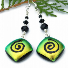 SPIRALING OUT OF CONTROL - Spiral Dichroic Glass Handmade Earrings, Green Yellow Black Onyx