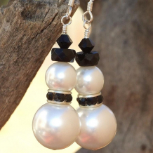 BLACK TIE SNOWMEN - Christmas Snowman Swarovski Crystal Pearl Earrings, Handmade