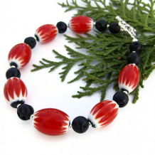 MELTDOWN - Red Chevron Beads Black Lava Handmade Bracelet, OOAK Beaded Jewelry