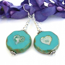 MIS CORAZONES - Hearts Turquoise Czech Glass Earrings, Handmade Sterling Beaded Jewelry