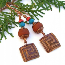 LABYRINTH - Copper Labyrinth Handmade Earrings, Terracotta Lampwork Turquoise