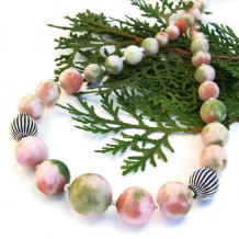 PRINTEMPS - Pink Green Candy Jade Jewelry Necklace, Handmade Spring Summer Gemstone