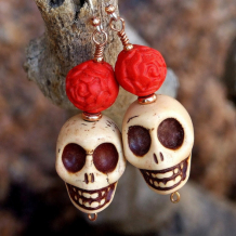 SKULLS AND ROSES - Magnesite Skull Day of the Dead Handmade Earrings, Cinnabar Rose 