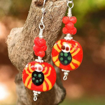 ITSY BITSY SPIDERS - Halloween Spider Lampwork Red Coral Earrings, Handmade