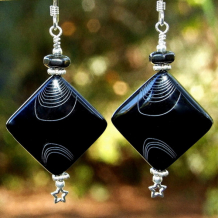 INTERSTELLAR - Laser Etched Black Onyx Handmade Earrings Hematite Star Unique Jewelry