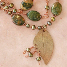 DREAMING OF BELIZE - Bronze Leaf Rhyolite Pearls Copper Handmade Necklace